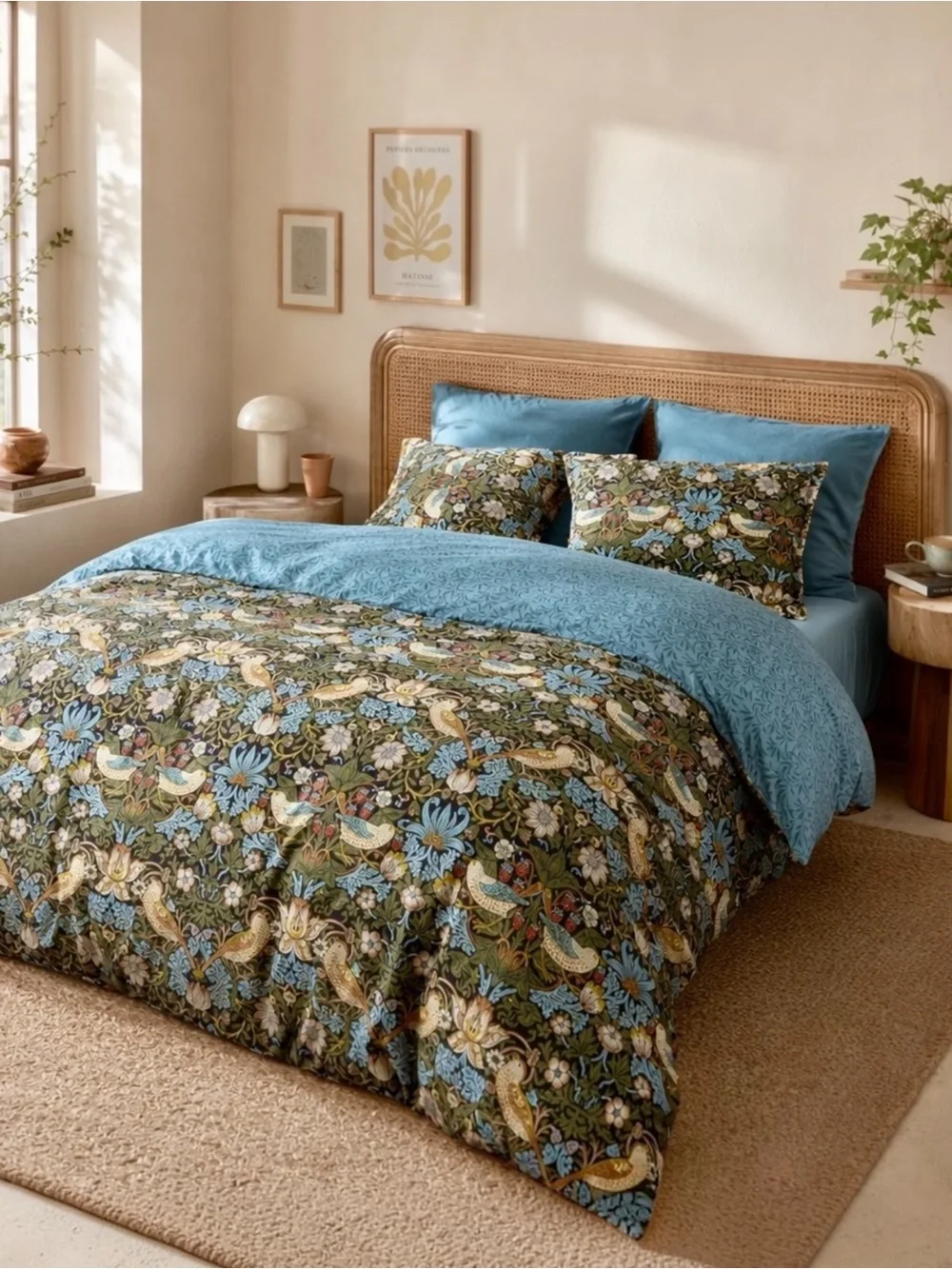 NEW Anthropologie Blue Green Bird Print Boho Queen King Bedding Duvet & Sham Set